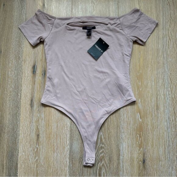 NWT Forever 21 Off Shoulder Short Sleeve Bodysuit Double Lined Thong Mauve - L - Picture 10 of 12